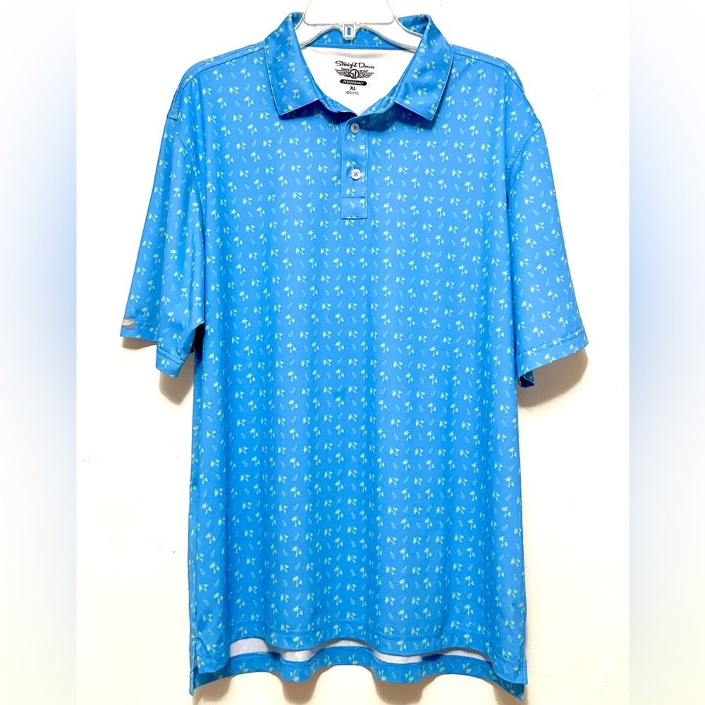 Straight Down SD Performance Golf Polo Blue With Green Palm Trees Pineapples XL